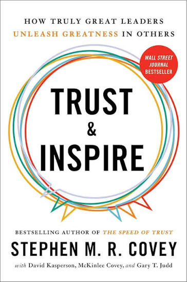 Book cover for Trust & Inspire by Stephen M. R. Covey, featuring a title surrounded by colorful concentric circles and a red Wall Street Journal Bestseller emblem.