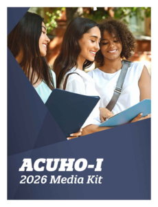 Three young women stand outdoors, smiling and holding folders. The image is overlaid with a geometric blue design and the text “ACUHO-I 2026 Media Kit” at the bottom.