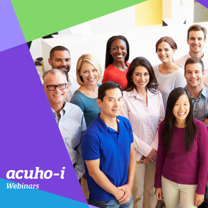 A diverse group of smiling people standing close together in an office setting. In the corner, there is a colorful geometric design with the text acuho-i Webinars.