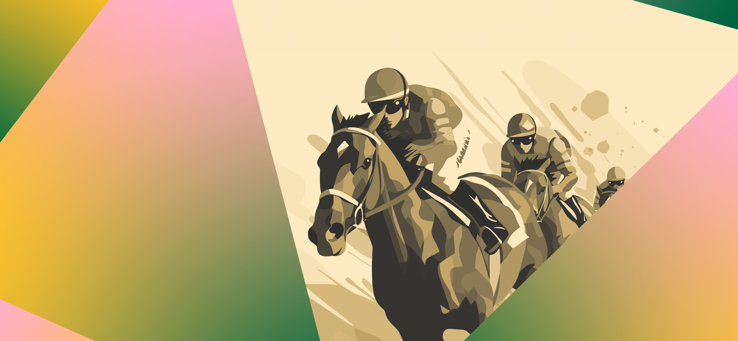 Stylized illustration of jockeys riding racehorses in motion, set within bold, geometric shapes in green, yellow, and pink hues.