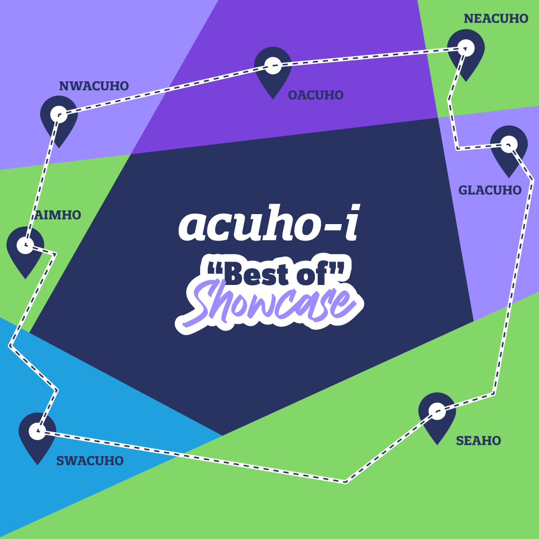 Map showing paths connecting seven regions (NEACUHO, GLACUHO, SEAHO, SWACUHO, AIMHO, NWACUHO, OACUHO) around a central acuho-i Best of Showcase logo on a blue, green, and purple background.