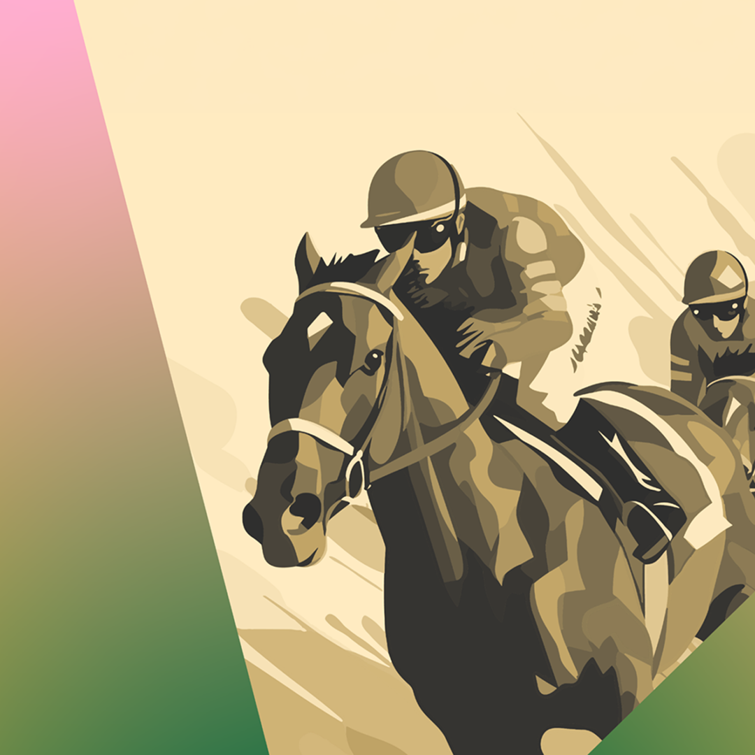 Stylized illustration of jockeys riding racehorses at high speed, with bold lines and muted brown and green tones, suggesting motion and competition.