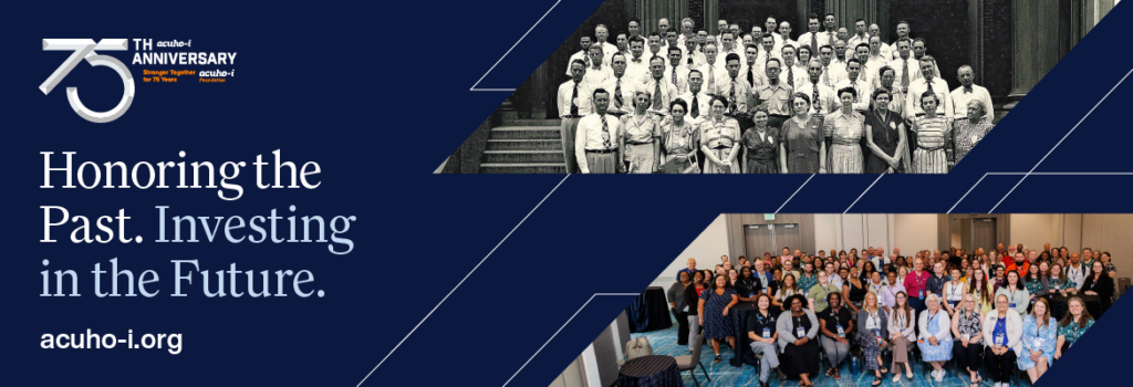 A split image shows a black-and-white group photo above a color group photo, with text: Honoring the Past. Investing in the Future. acuho-i.org and a 75th anniversary logo on a navy background.