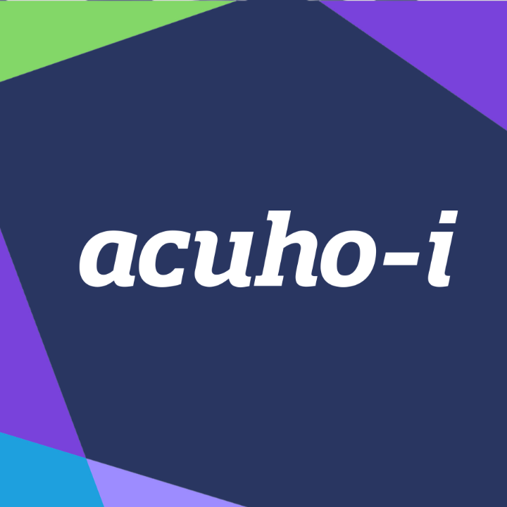 White text acuho-i is centered on a dark blue background with multicolored geometric shapes in green, purple, and blue decorating the corners.