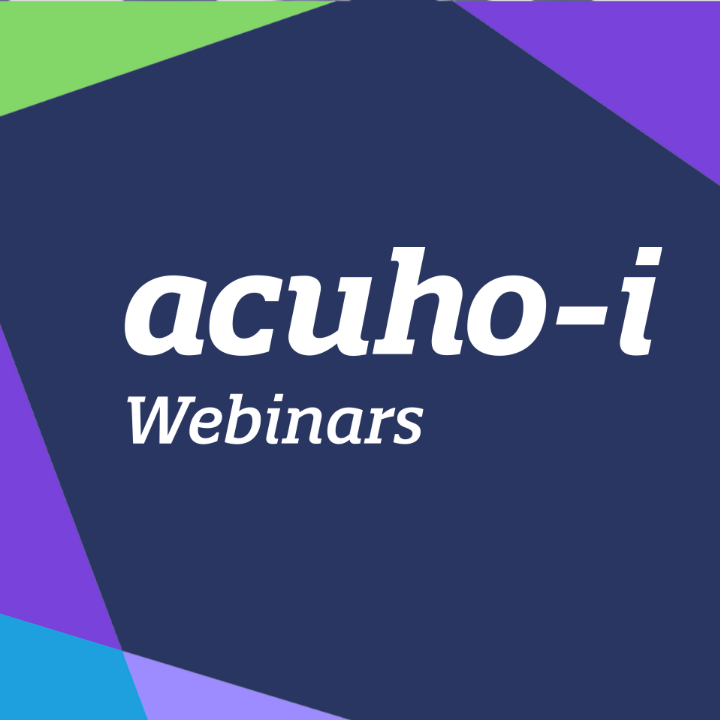 Text acuho-i Webinars on a dark blue background with green, purple, and blue geometric shapes in the corners.